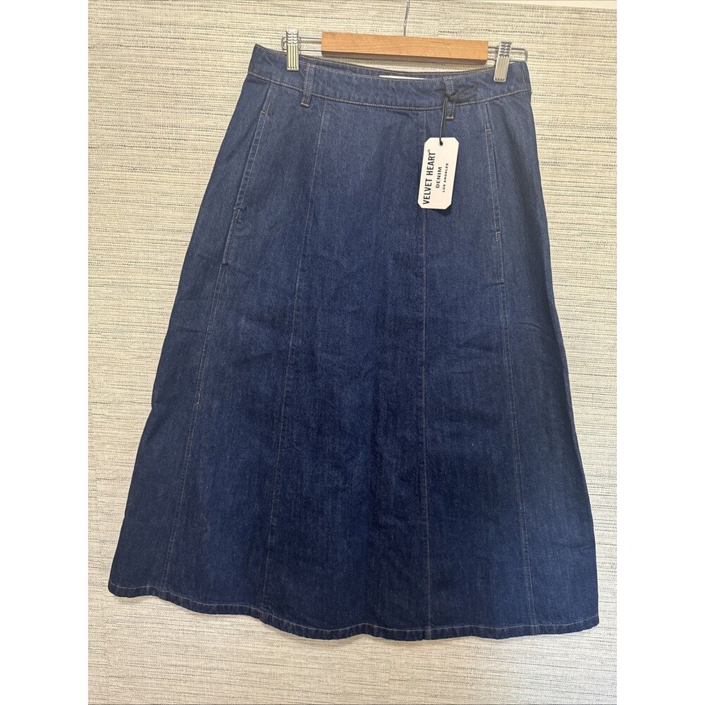 Velvet Heart Dark Denim Dallas High Waist Circle Midi Skirt 100% Cotton Med NWT